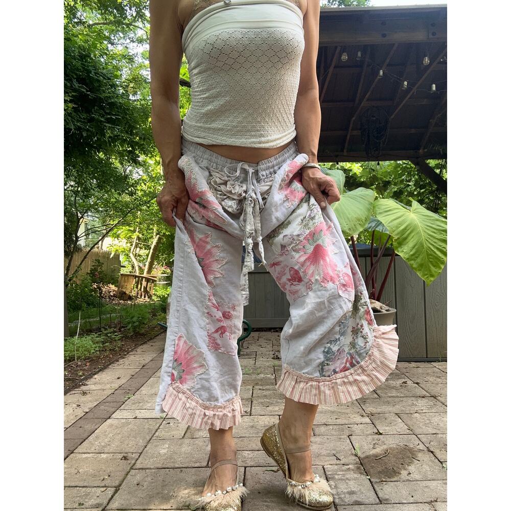 Custom made pants Reworked Boho princess Patch linen unique ruffled pink comfort
